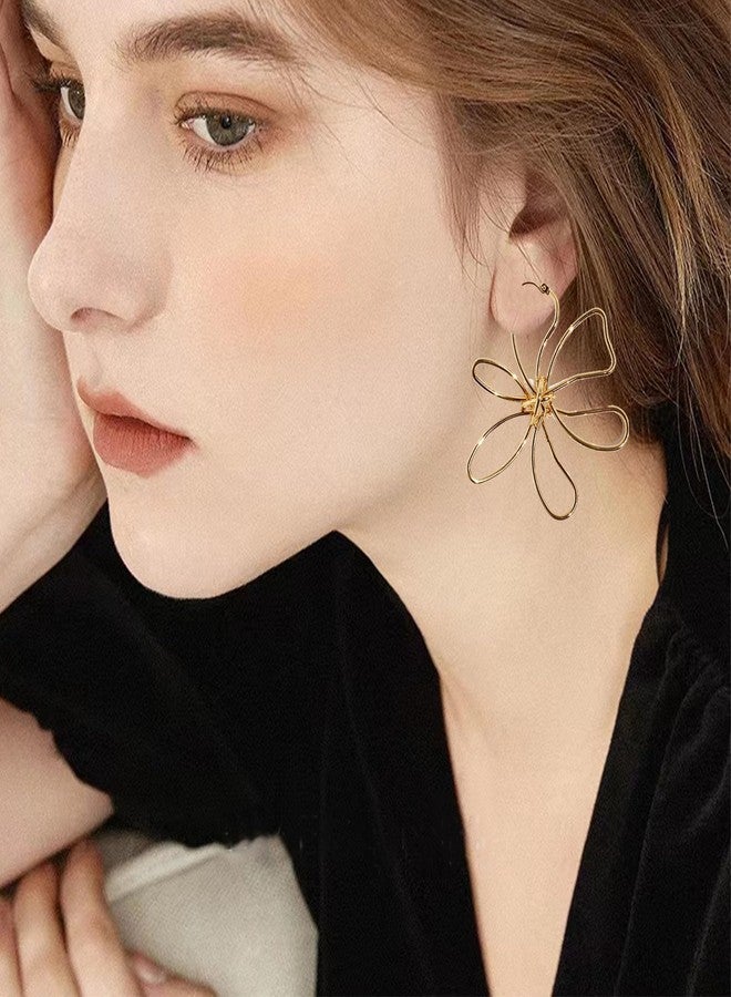 Anmpab Bohemia Large Hollow Flower Hoop Earrings for Women Big Wire Frame Flower Lines Blossom Drop Dangle Earrings (Gold) - Image 2